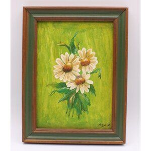 Hand-Painted Daisies Art Sign MAX Wood Frame Small Texture Botanical Gallery Vtg
